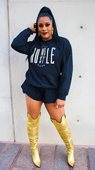 crewneck, black sweatshirt, unisex crewneck, stay humble hustle hard, best houston boutique, black shorts, gold knee high boots, fall outfit