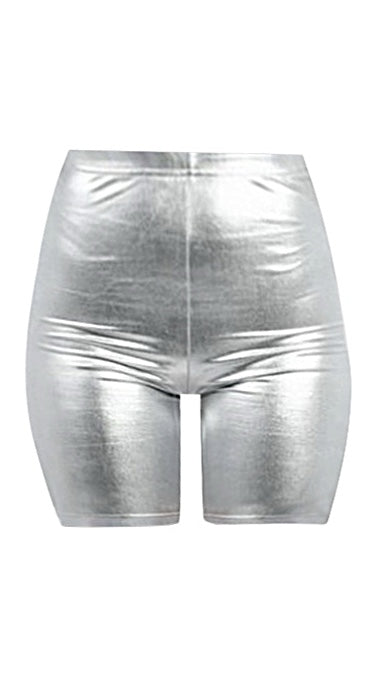 biker shorts, hoochie shorts, silver biker shorts, metallic biker shorts, unique biker shorts, metallic shorts, silver metallic shorts