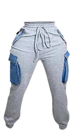 more than enough gray sweatpants, gray sweats for women, dressy sweatpants, women's gray sweats, women's ankle sweat pants, gray sweats with denim pockets, women's sweatpants with denim pockets