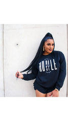 crewneck, black sweatshirt, unisex crewneck, stay humble hustle hard, best houston boutique, black shorts, gold knee high boots, fall outfit